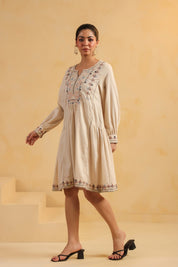 Nyaro Signature Cotton Flex Embroidered Short Dress – Beige