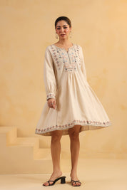 Nyaro Signature Cotton Flex Embroidered Short Dress – Beige