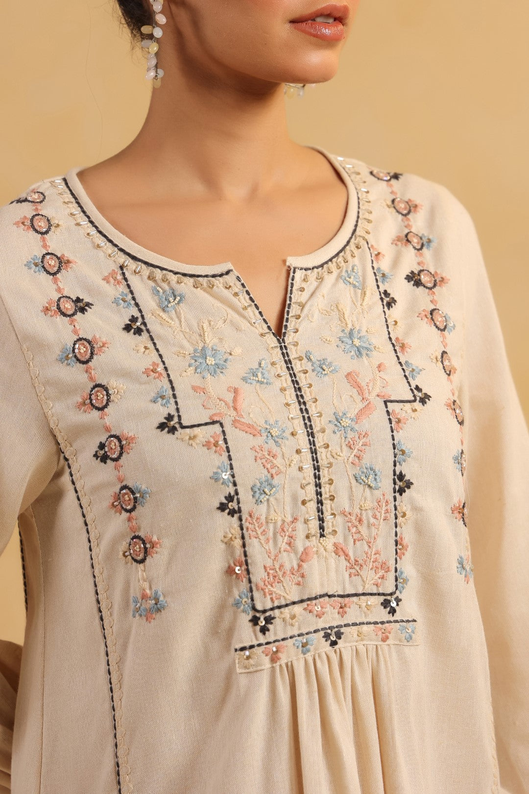 Nyaro Signature Cotton Flex Embroidered Short Dress – Beige