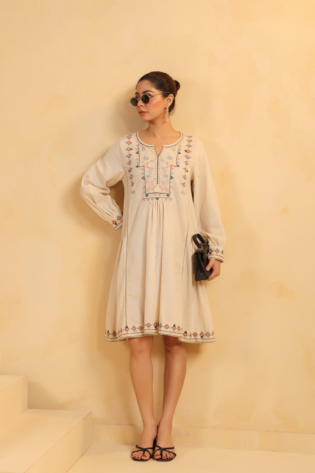 Nyaro Signature Cotton Flex Embroidered Short Dress – Beige