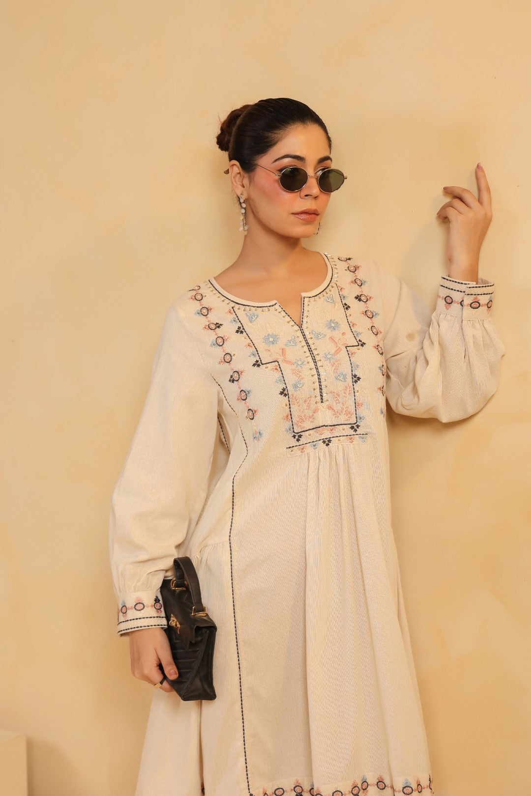 Nyaro Signature Cotton Flex Embroidered Short Dress – Beige