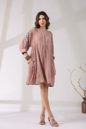 Women’s Cotton Dobby Pink Color Embroidered Dress: