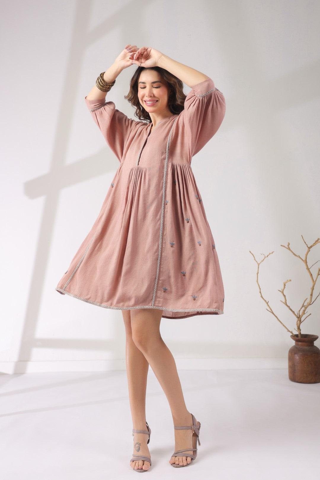 Women’s Cotton Dobby Pink Color Embroidered Dress:
