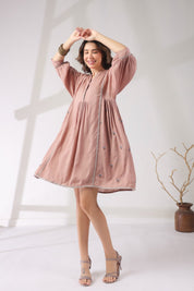 Women’s Cotton Dobby Pink Color Embroidered Dress: