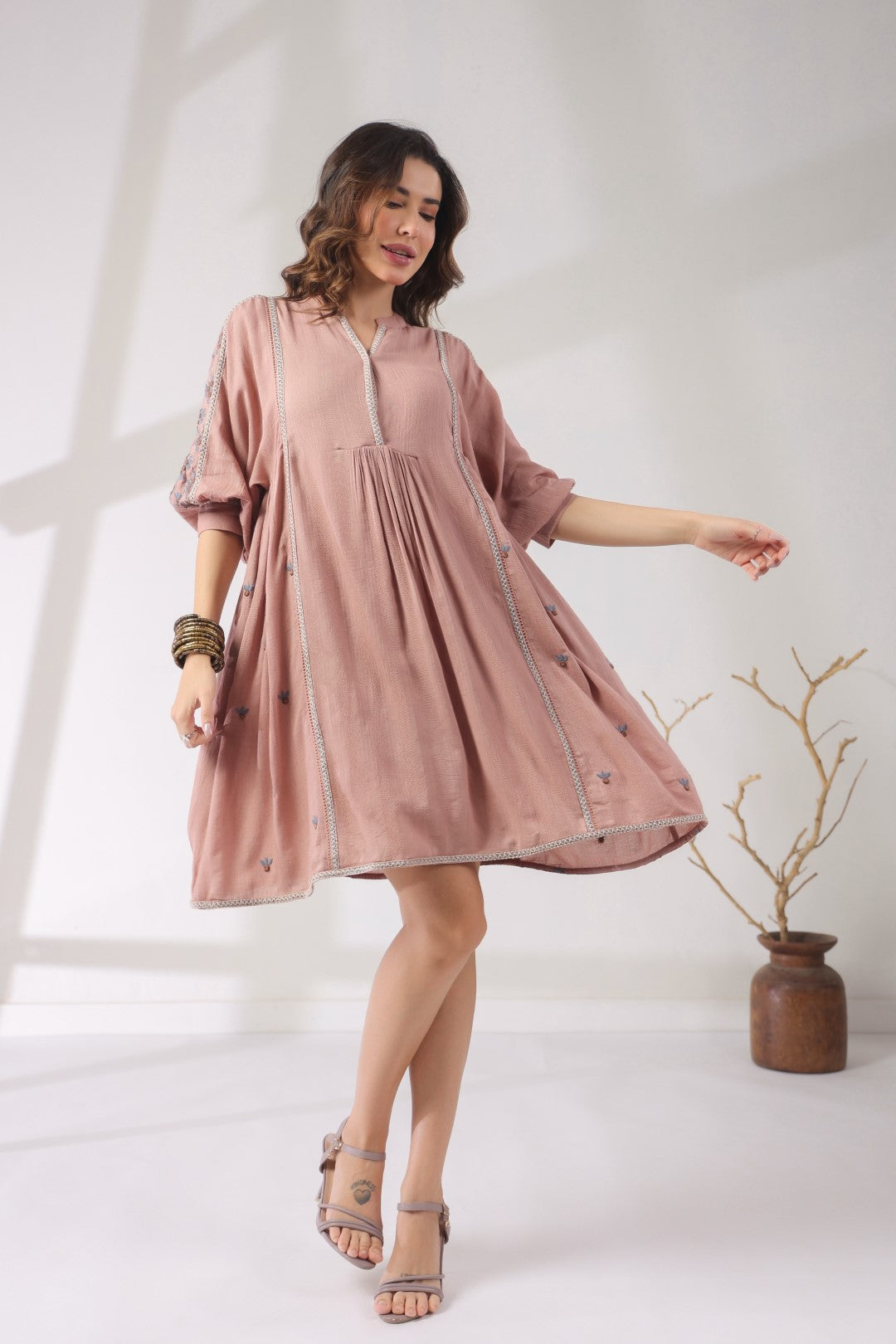 Women’s Cotton Dobby Pink Color Embroidered Dress: