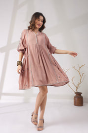 Women’s Cotton Dobby Pink Color Embroidered Dress: