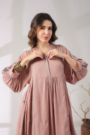 Women’s Cotton Dobby Pink Color Embroidered Dress: