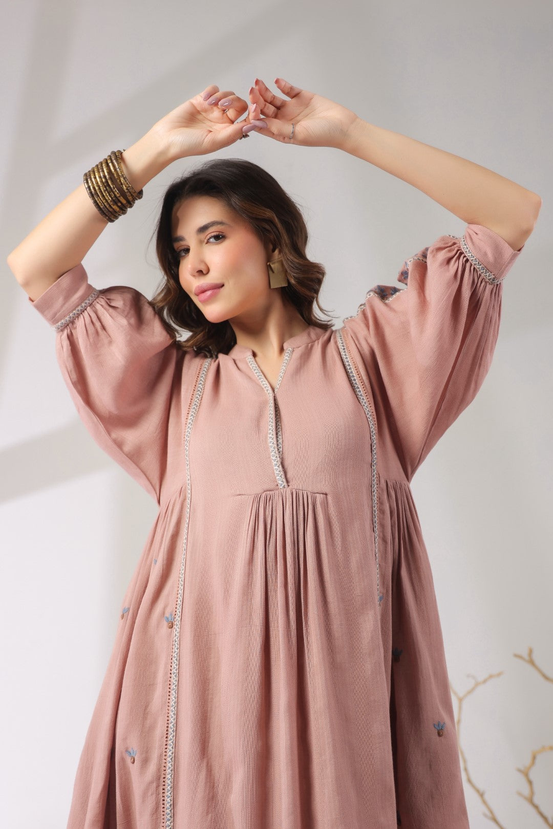 Women’s Cotton Dobby Pink Color Embroidered Dress: