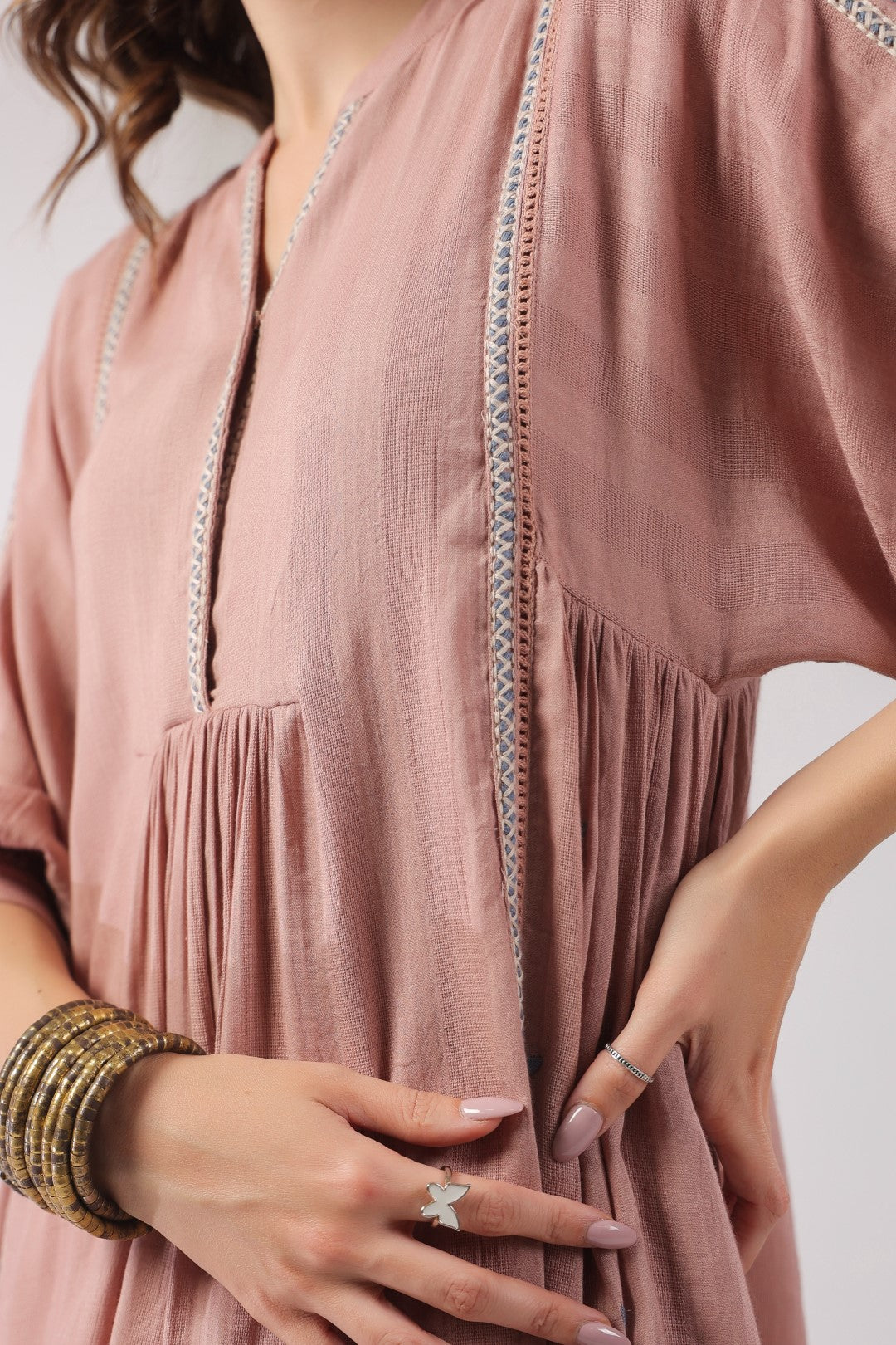 Women’s Cotton Dobby Pink Color Embroidered Dress: