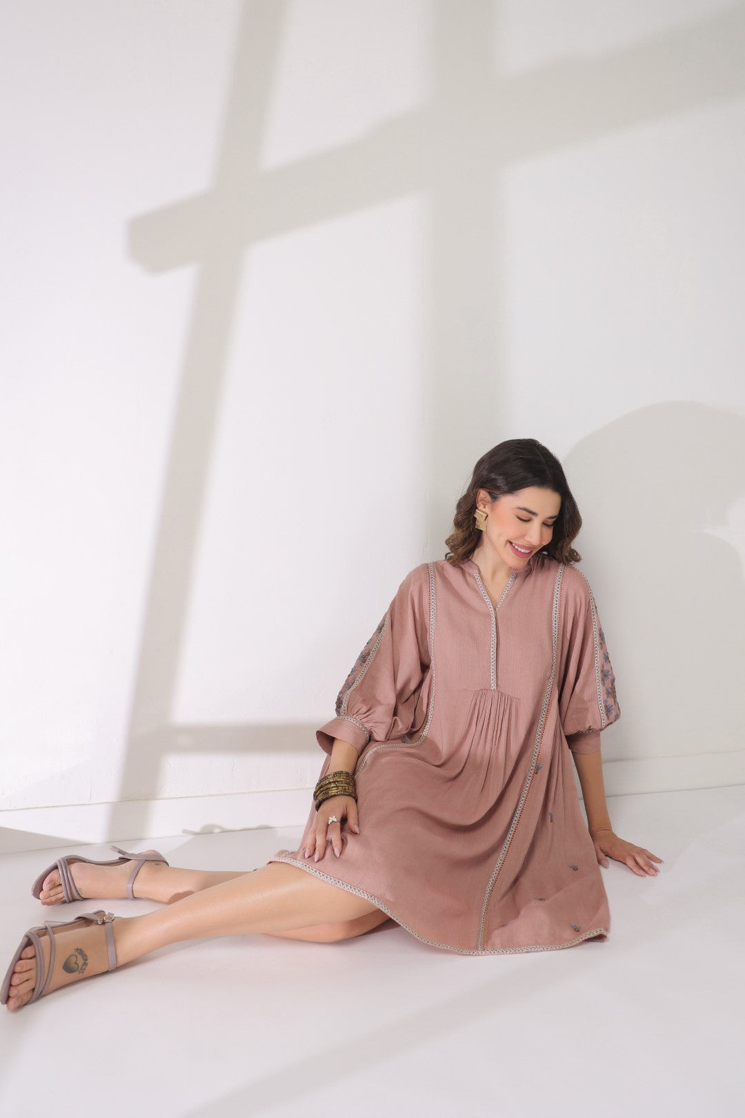 Women’s Cotton Dobby Pink Color Embroidered Dress: