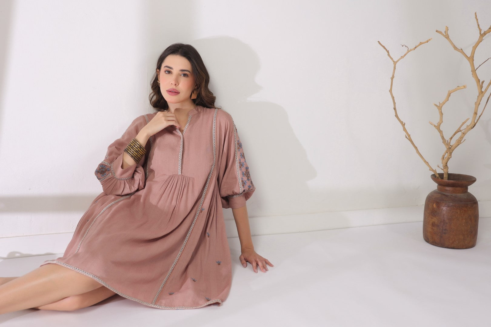 Women’s Cotton Dobby Pink Color Embroidered Dress: