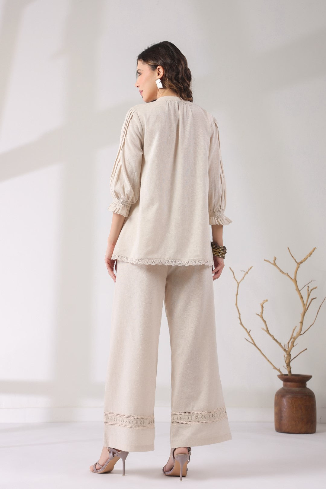 Women’s Cotton Linen Natural Color Embroidered Co-Ord