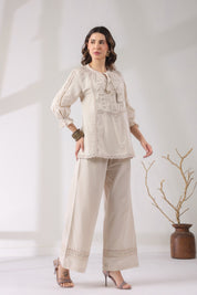 Women’s Cotton Linen Natural Color Embroidered Co-Ord