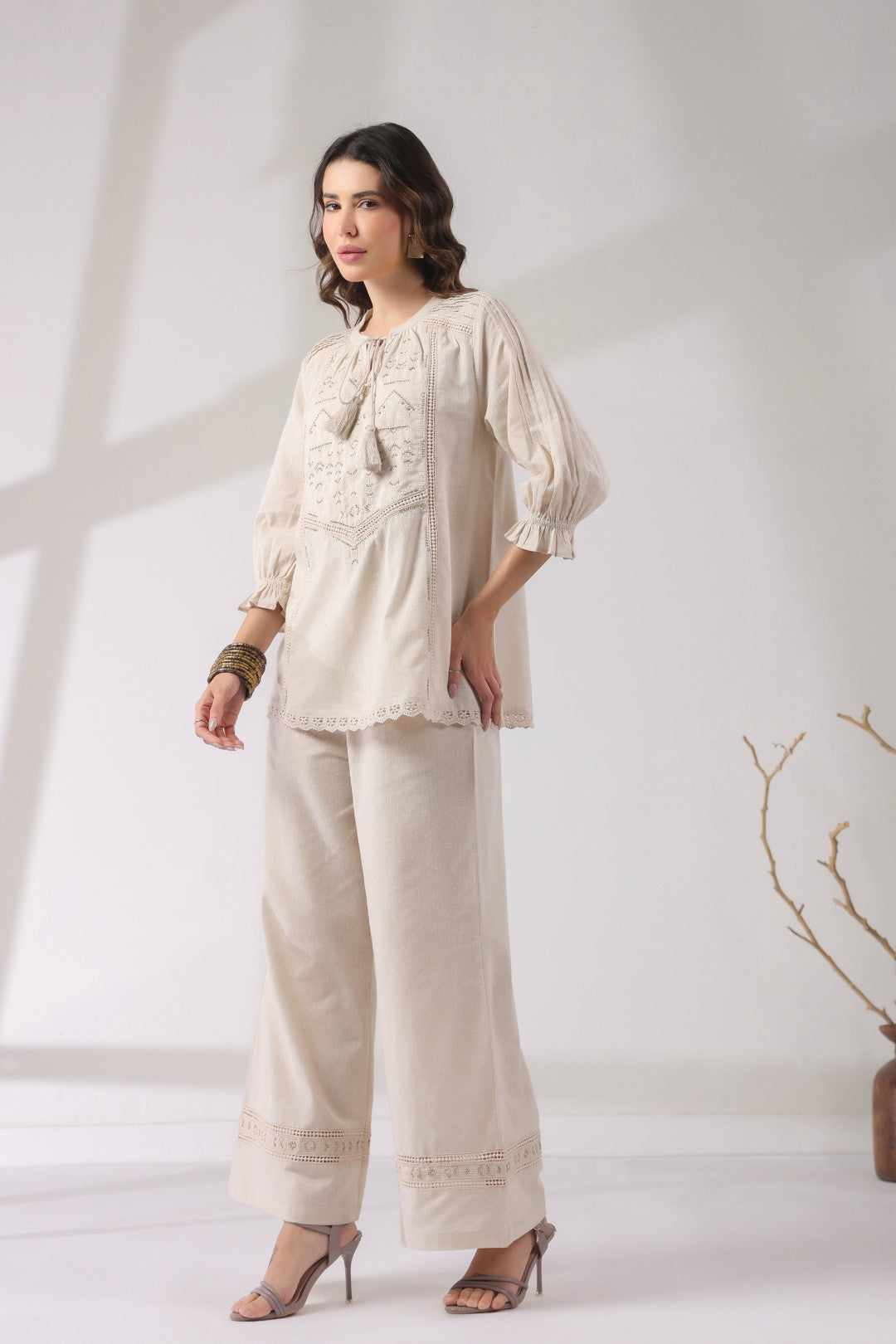 Women’s Cotton Linen Natural Color Embroidered Co-Ord