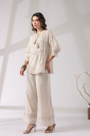 Women’s Cotton Linen Natural Color Embroidered Co-Ord