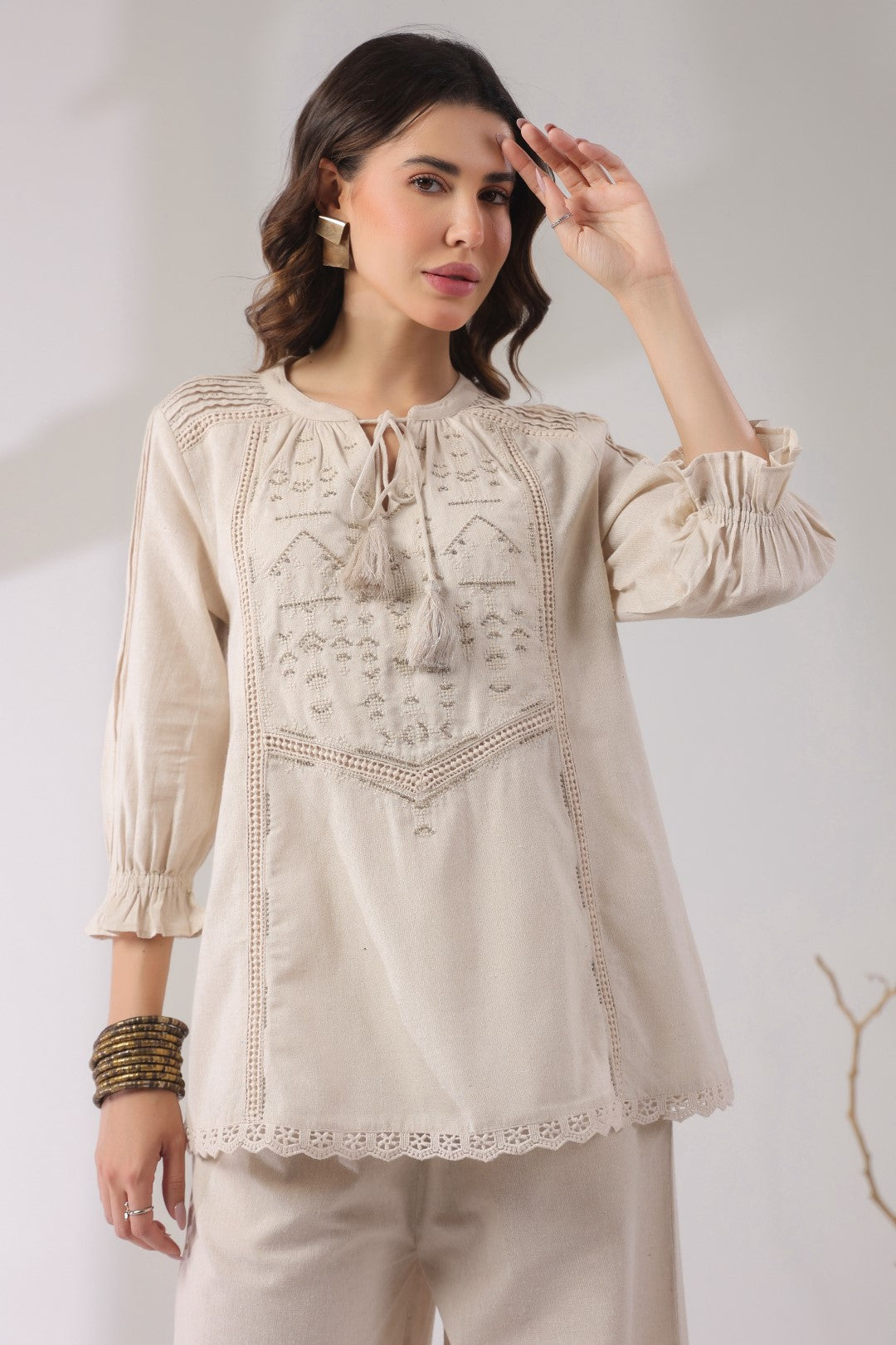 Women’s Cotton Linen Natural Color Embroidered Co-Ord