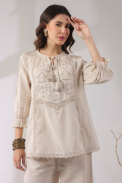 Women’s Cotton Linen Natural Color Embroidered Co-Ord