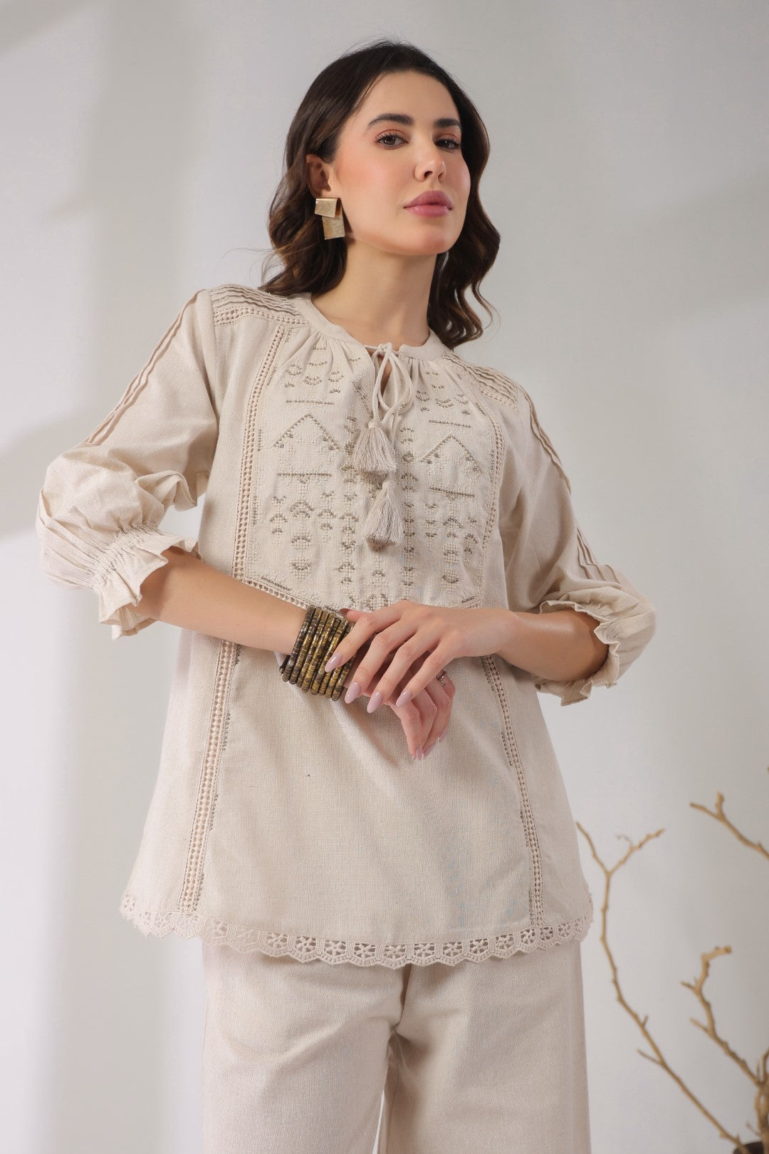 Women’s Cotton Linen Natural Color Embroidered Co-Ord