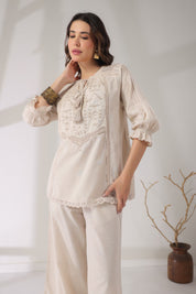 Women’s Cotton Linen Natural Color Embroidered Co-Ord