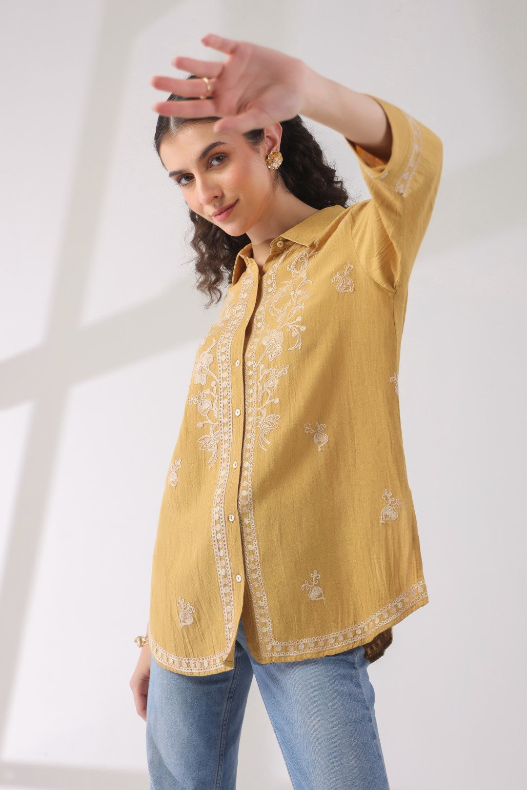 Women’s Cotton Linen Yellow Color Embroidered Top