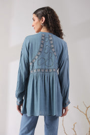 Women’s Cotton Linen Blue Color Embroidered Top