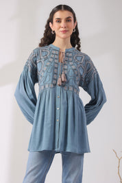 Women’s Cotton Linen Blue Color Embroidered Top