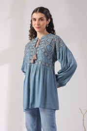 Women’s Cotton Linen Blue Color Embroidered Top