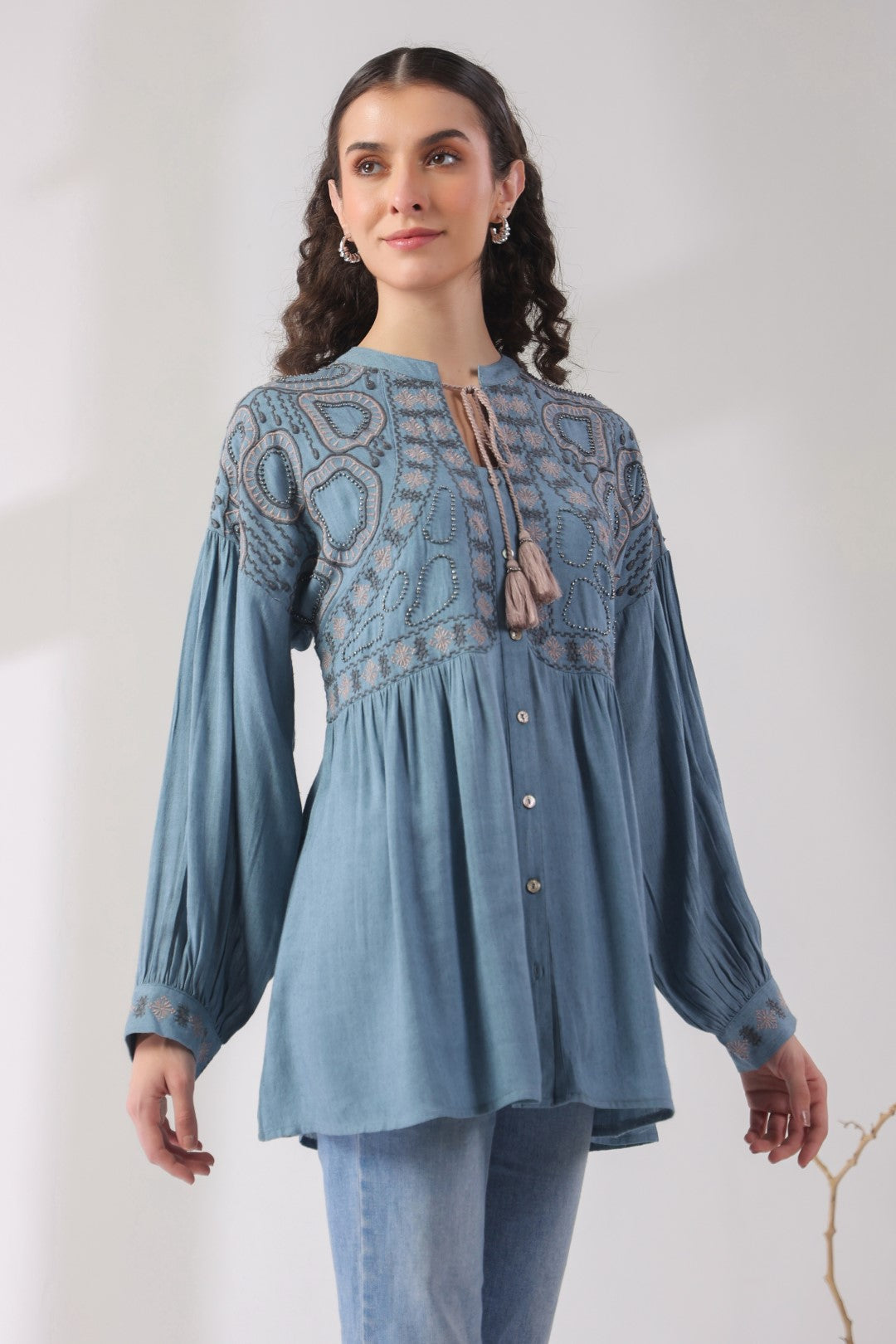 Women’s Cotton Linen Blue Color Embroidered Top