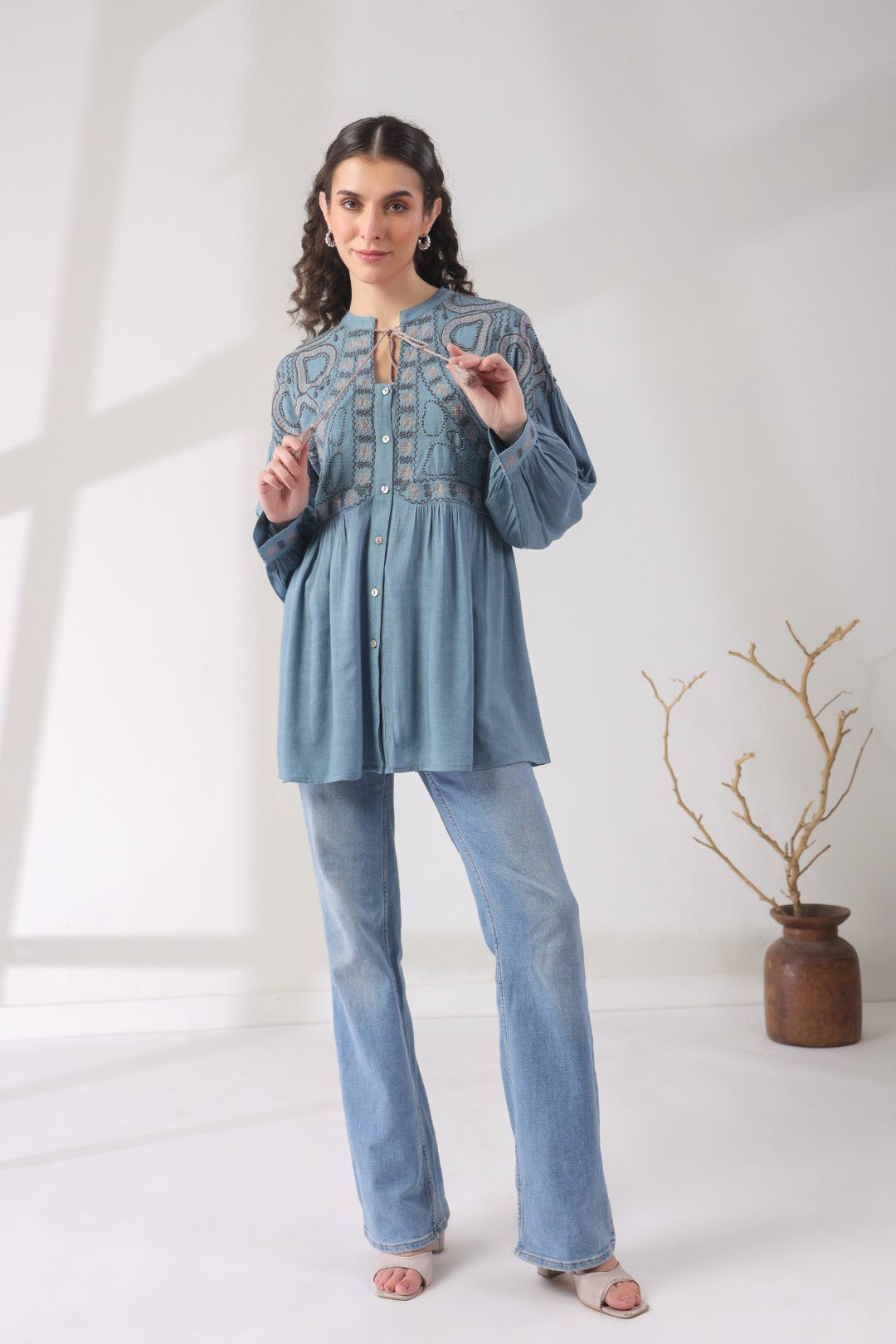 Women’s Cotton Linen Blue Color Embroidered Top