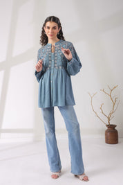 Women’s Cotton Linen Blue Color Embroidered Top