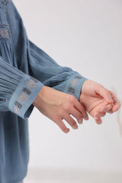 Women’s Cotton Linen Blue Color Embroidered Top