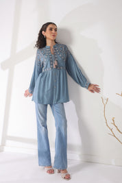 Women’s Cotton Linen Blue Color Embroidered Top