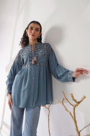 Women’s Cotton Linen Blue Color Embroidered Top