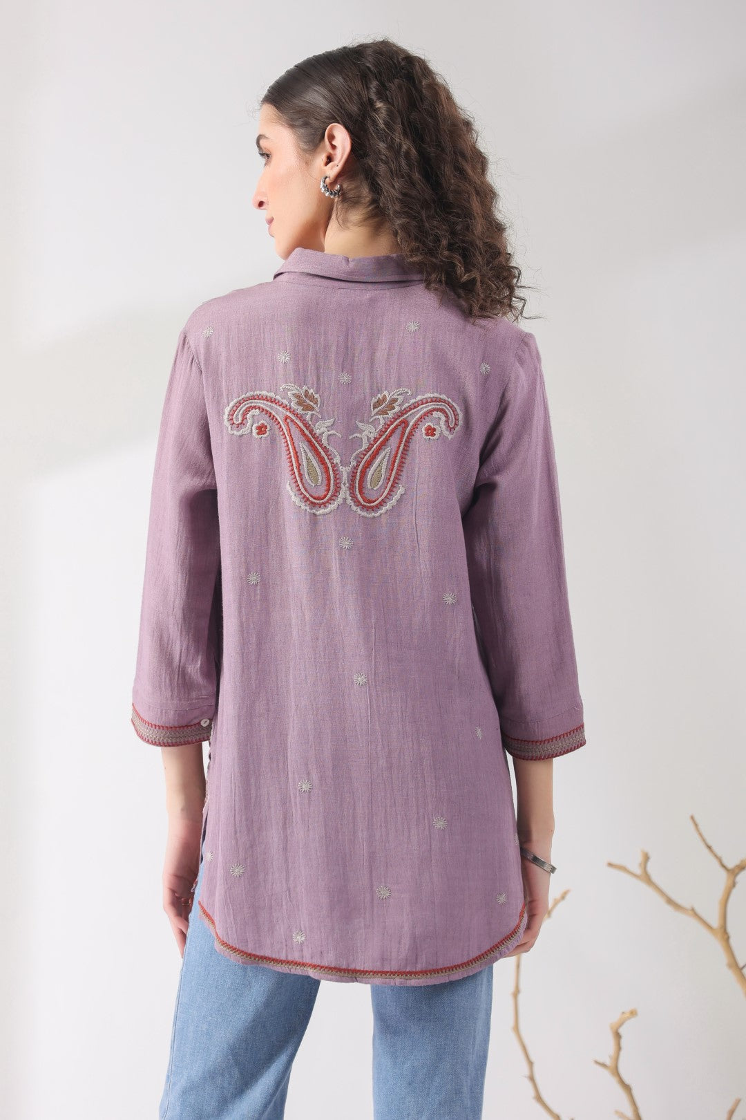 Women’s Cotton Linen Purple Color Embroidered Top