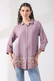 Women’s Cotton Linen Purple Color Embroidered Top