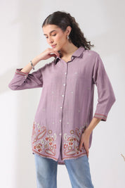 Women’s Cotton Linen Purple Color Embroidered Top