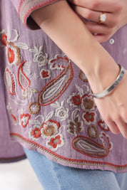 Women’s Cotton Linen Purple Color Embroidered Top