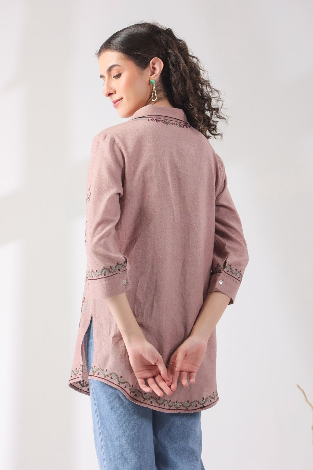 Women’s Cotton Linen Onion Pink Color Embroidered Top
