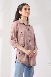 Women’s Cotton Linen Onion Pink Color Embroidered Top