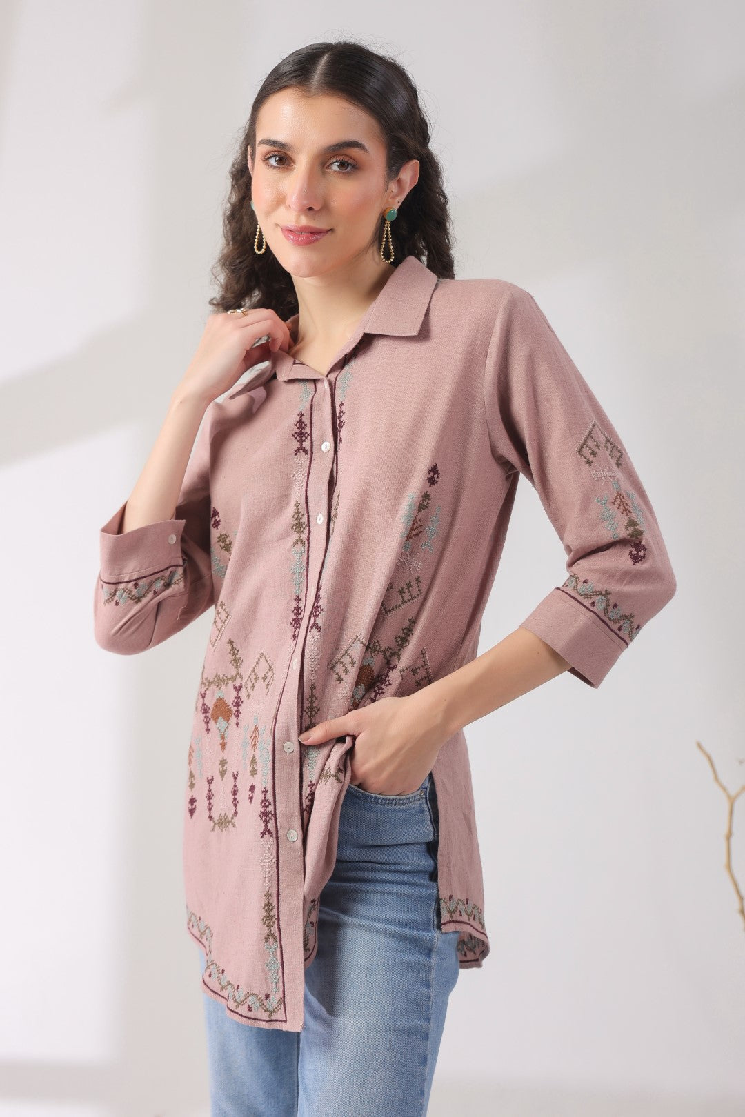 Women’s Cotton Linen Onion Pink Color Embroidered Top