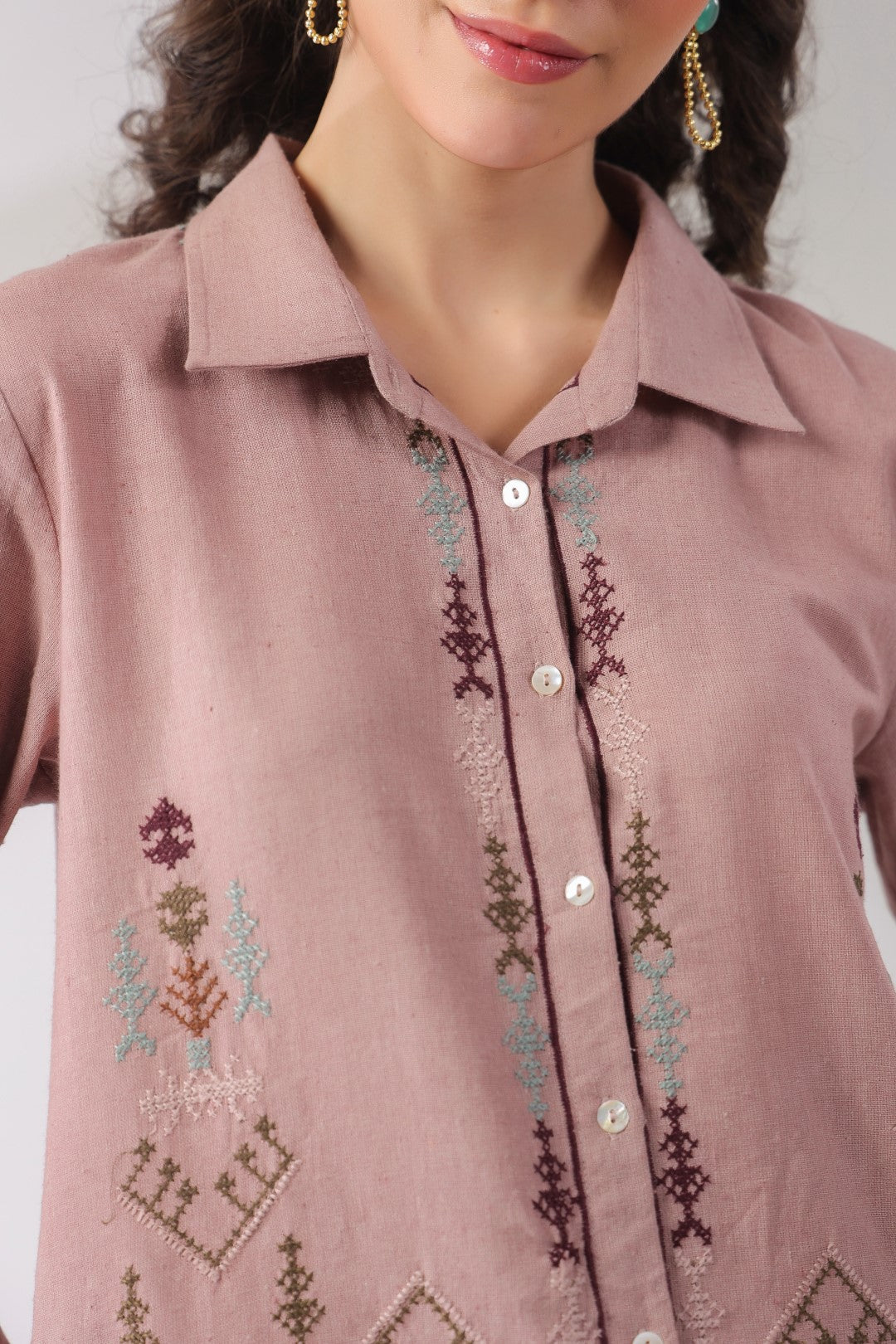 Women’s Cotton Linen Onion Pink Color Embroidered Top