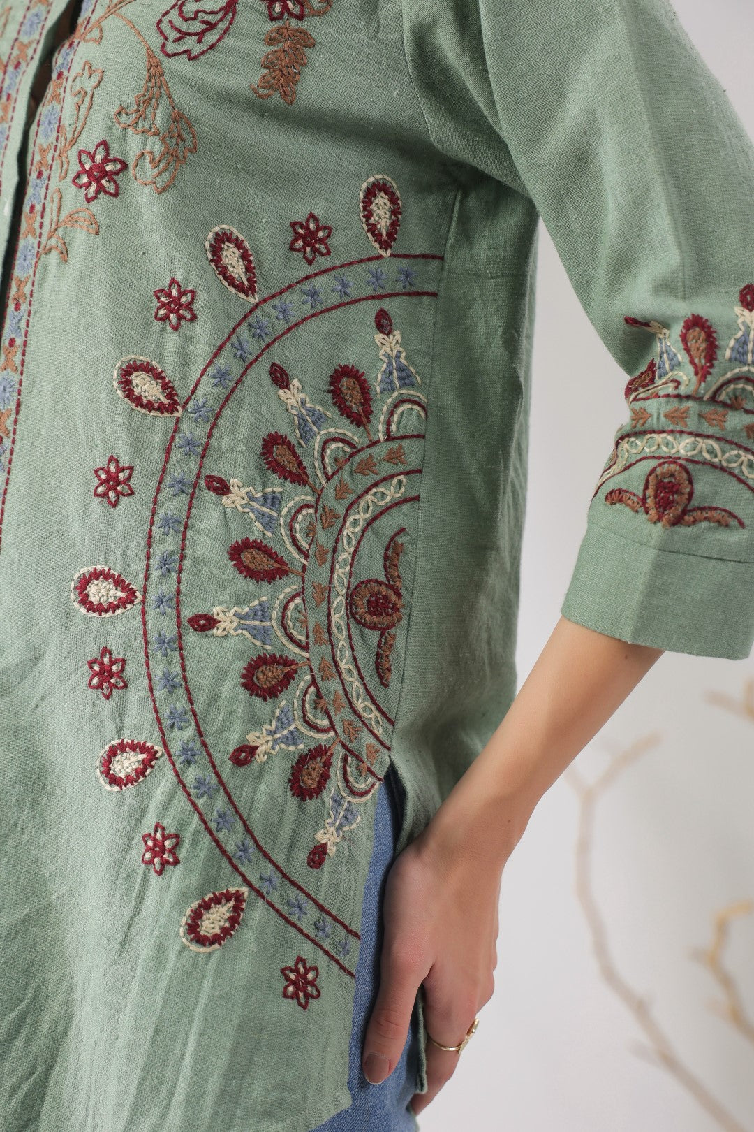 Women’s Cotton Linen Green Color Embroidered Top
