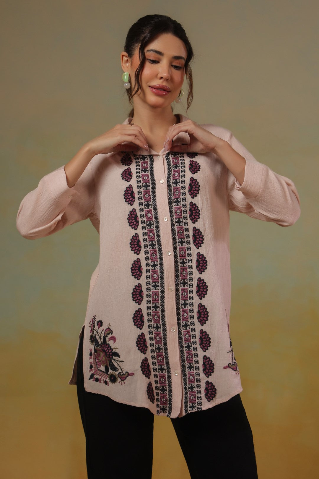 Women’s Cotton Linen Peach Color Embroidered Top