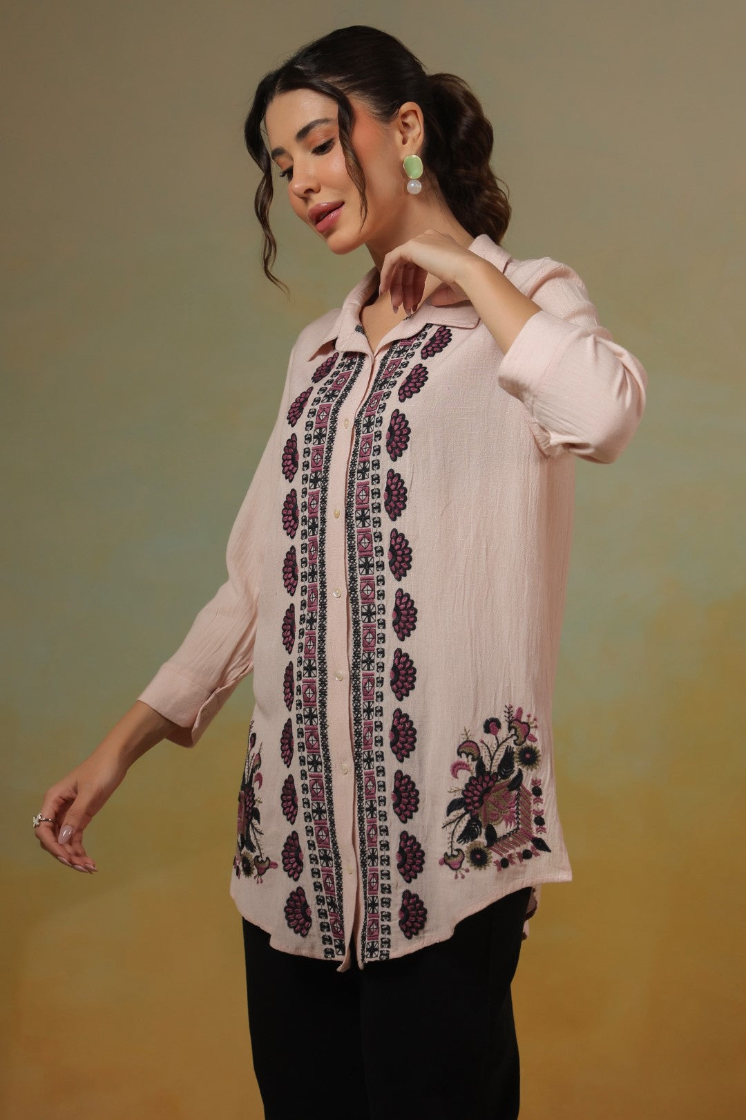 Women’s Cotton Linen Peach Color Embroidered Top