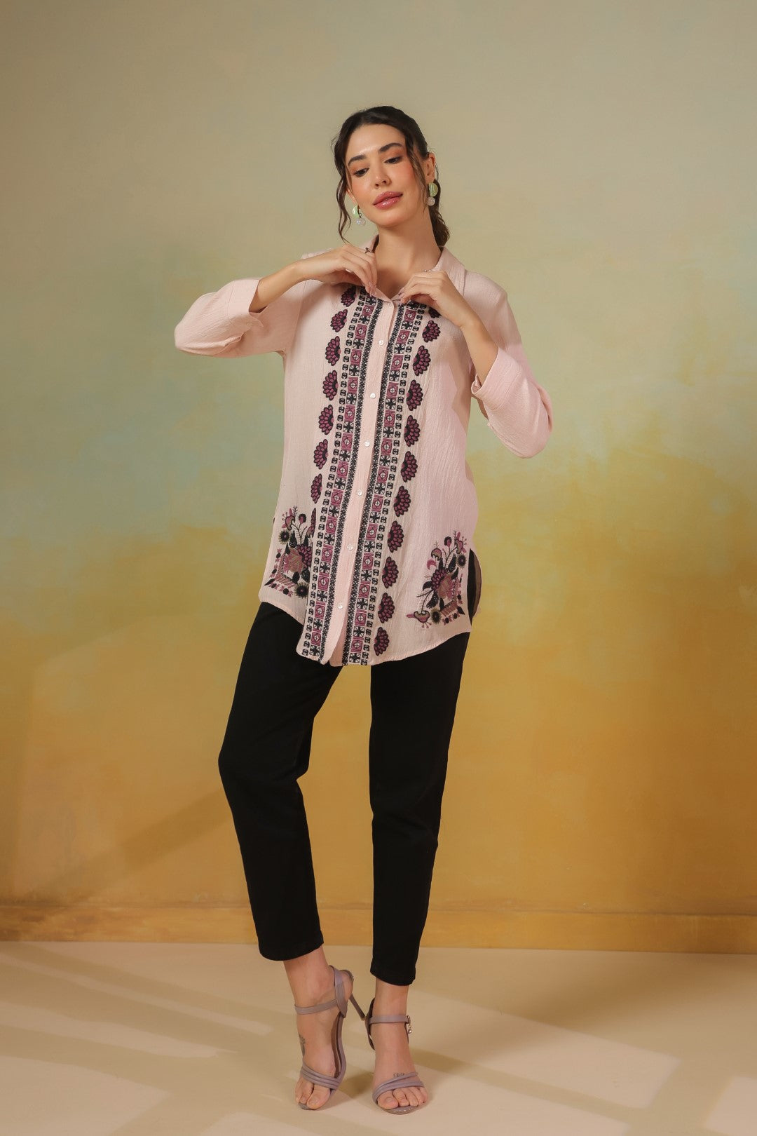 Women’s Cotton Linen Peach Color Embroidered Top