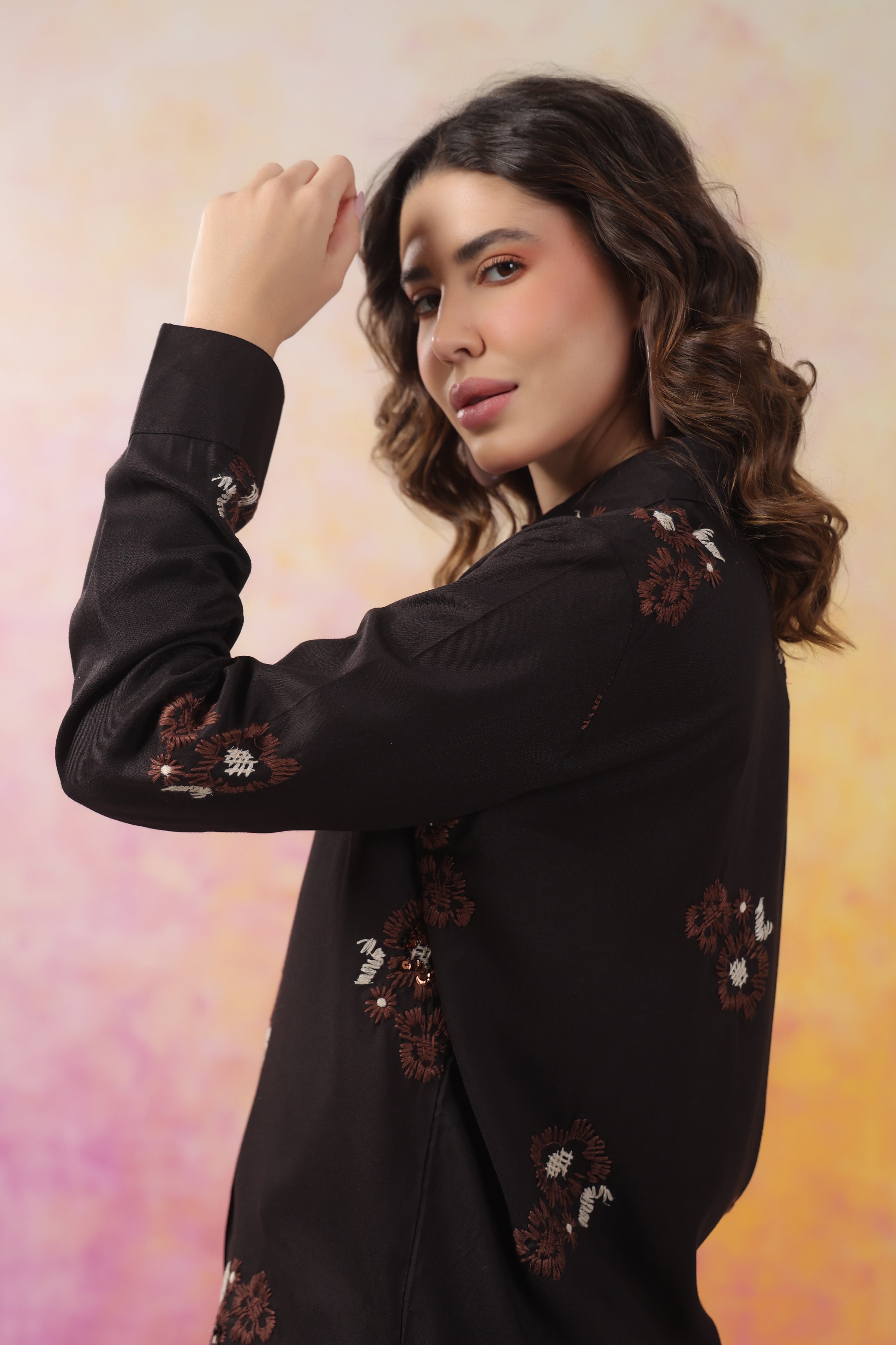 Women's Black Machine Embroidered & Hand Work Rayon Co-Ord Set