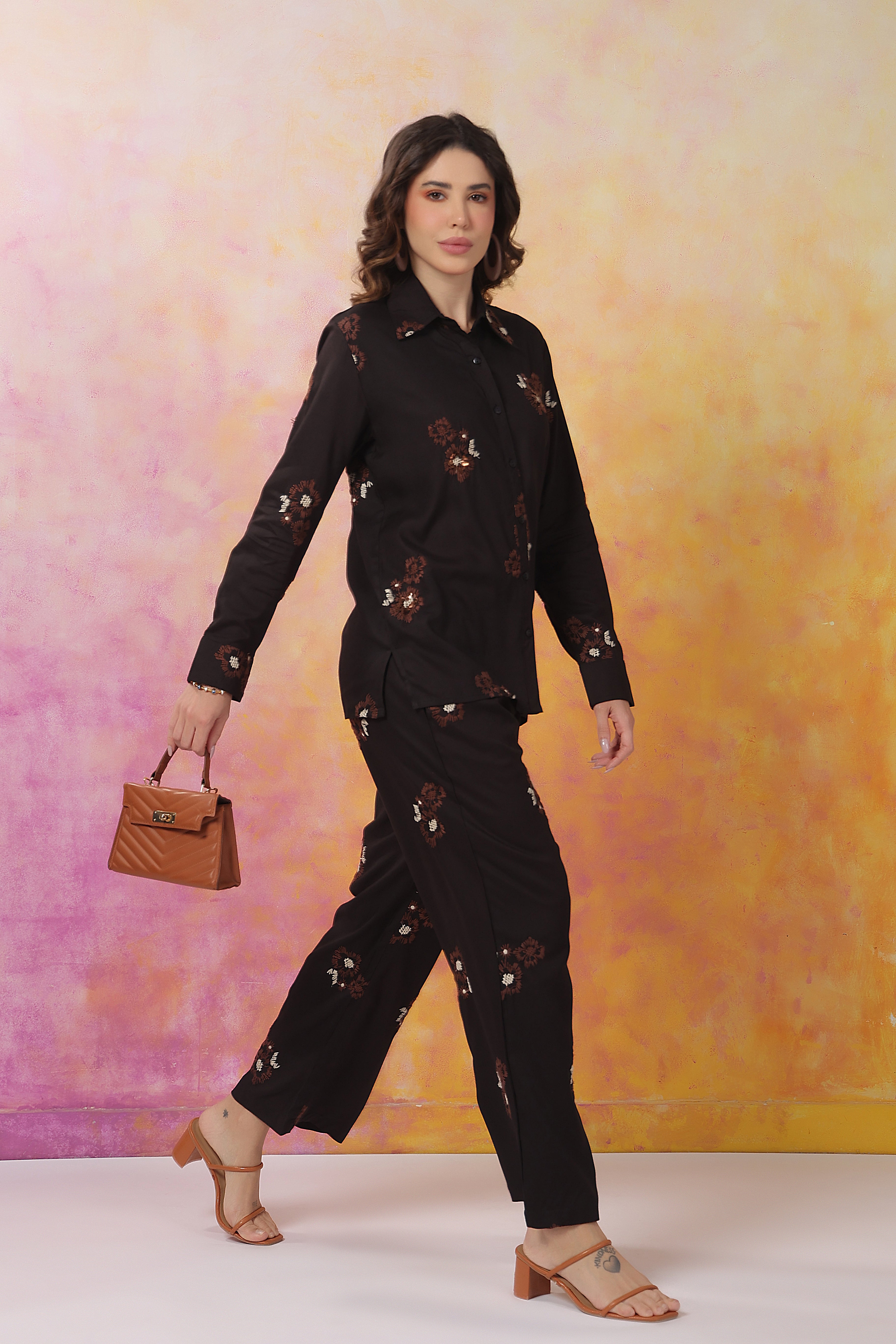 Women's Black Machine Embroidered & Hand Work Rayon Co-Ord Set