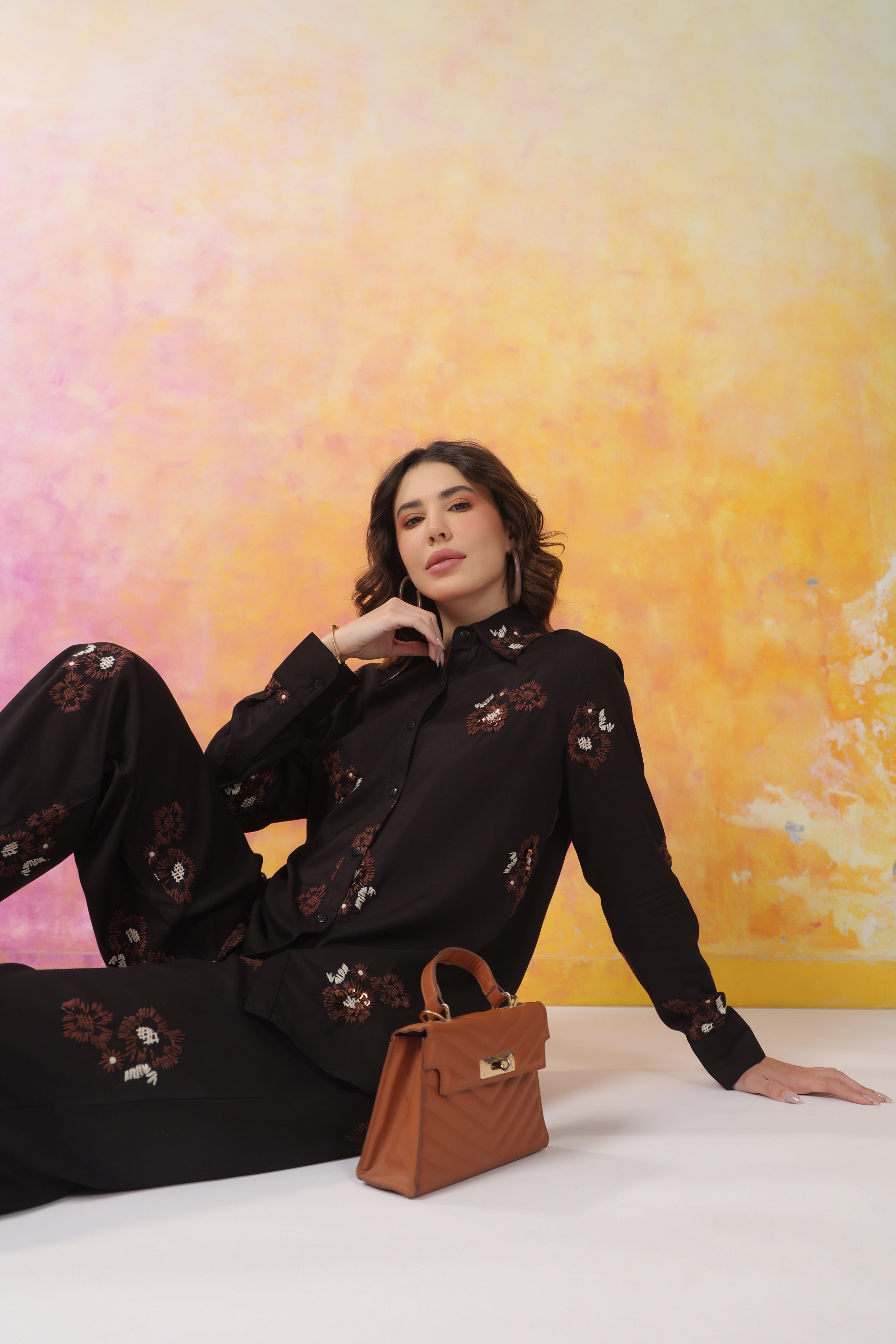 Women's Black Machine Embroidered & Hand Work Rayon Co-Ord Set