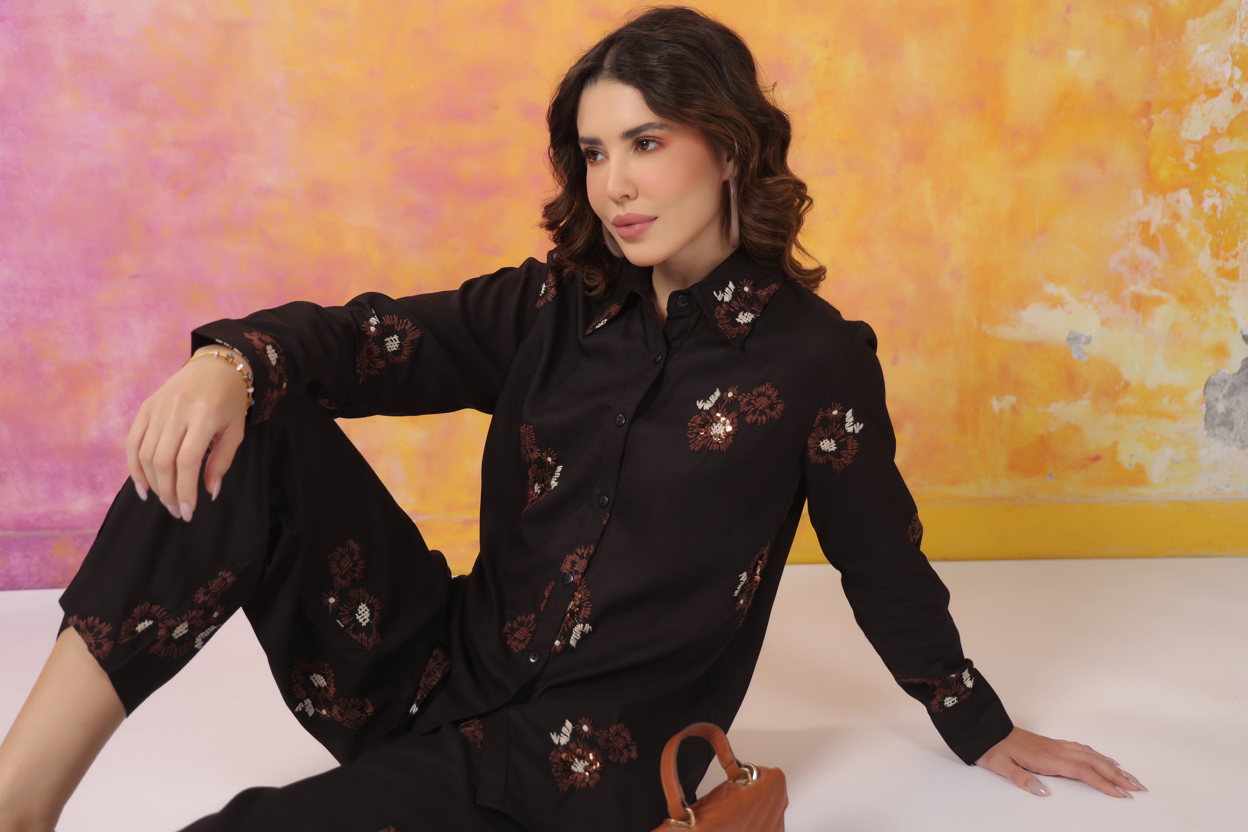 Women's Black Machine Embroidered & Hand Work Rayon Co-Ord Set