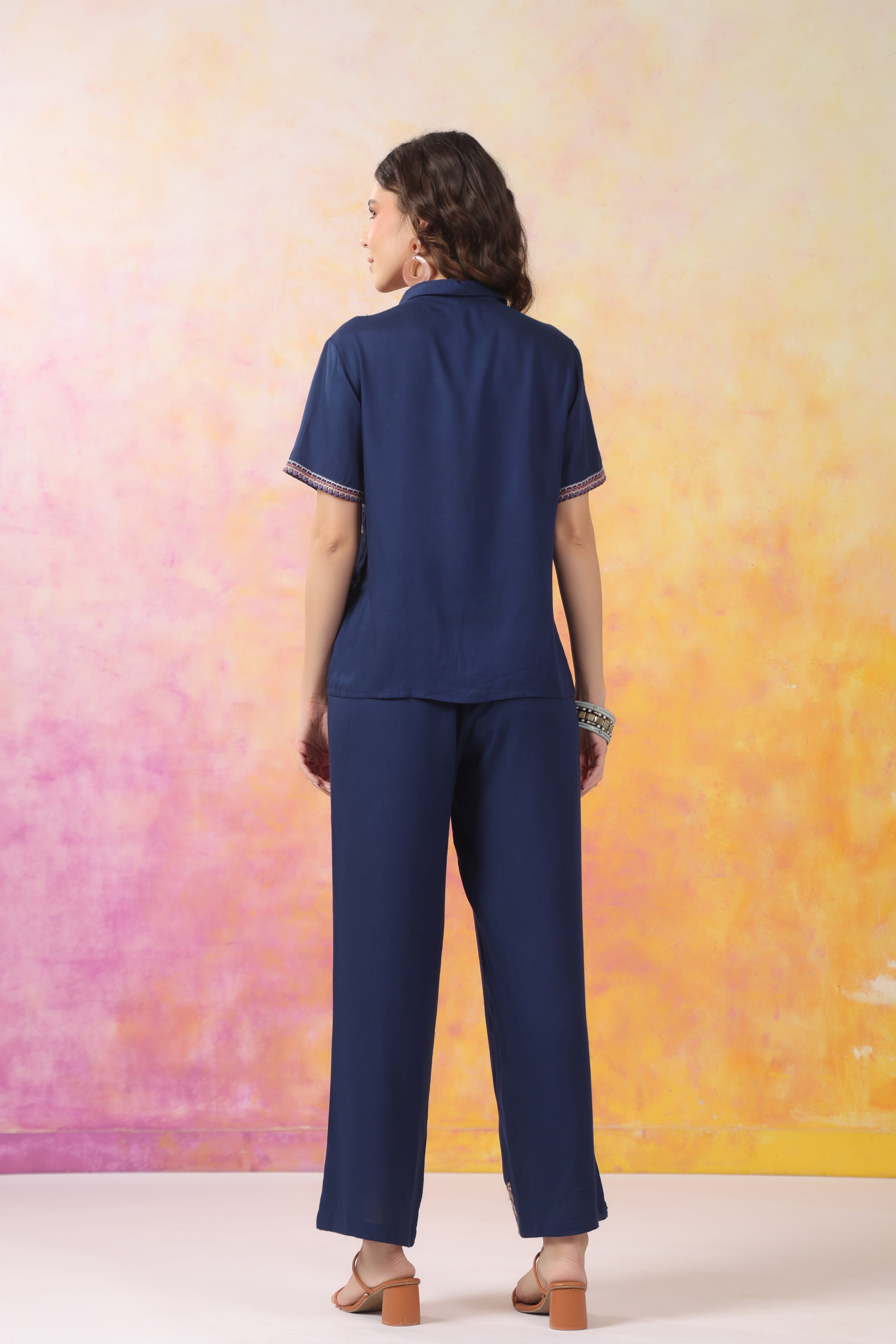 Women's Blue Embroidered Rayon Co-Ord Set
